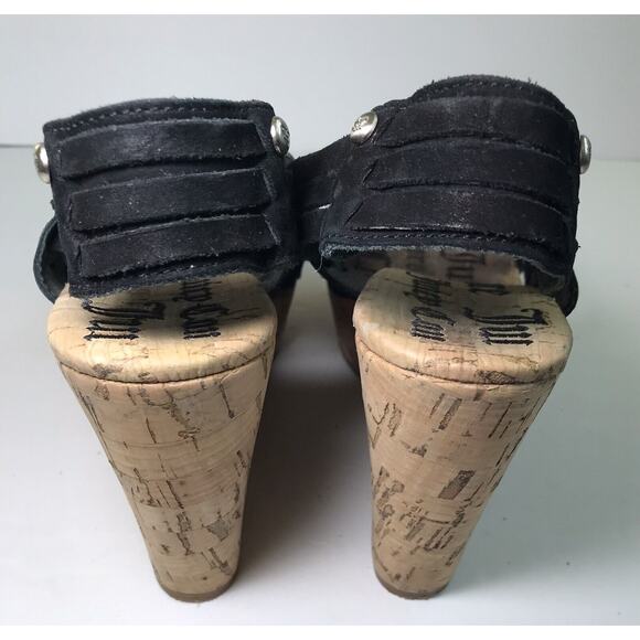 Juicy Couture Women's 6.5 Suede Cork Strappy Black Wedge Sandals Y2K Boho Retro - Picture 9 of 13